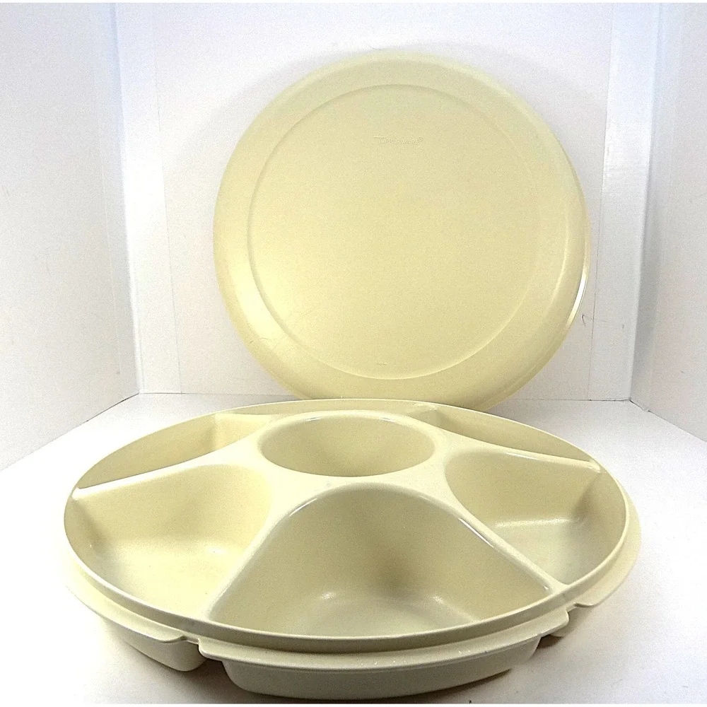 Vintage Tupperware Jeal-Ette 1665 Serving Tray Almond Cream 6 Section Dip Bowl‎